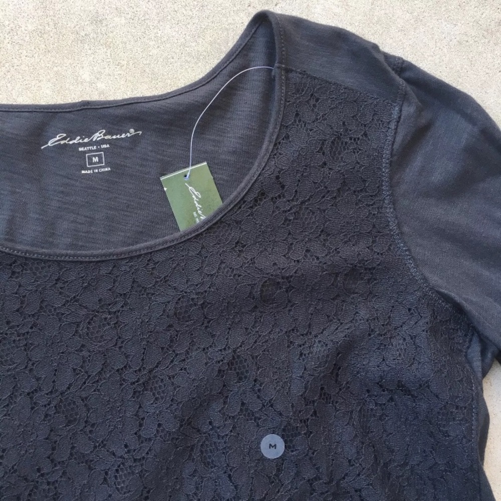 NWT Eddie Bauer Grayish Black Lace Front Top M